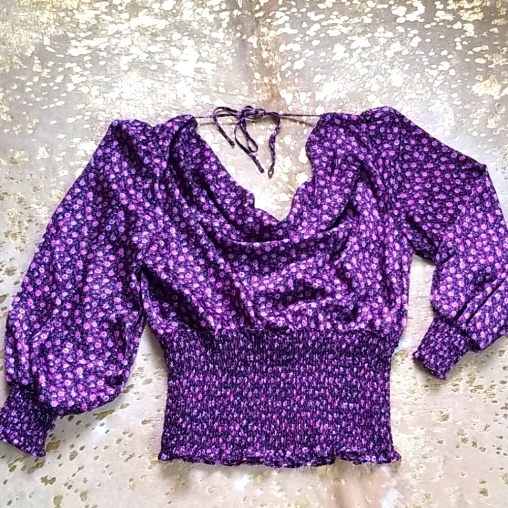 Leyden Purple Floral Blouse w Smocked Waistline & Sleeves Cottagecore Prarie